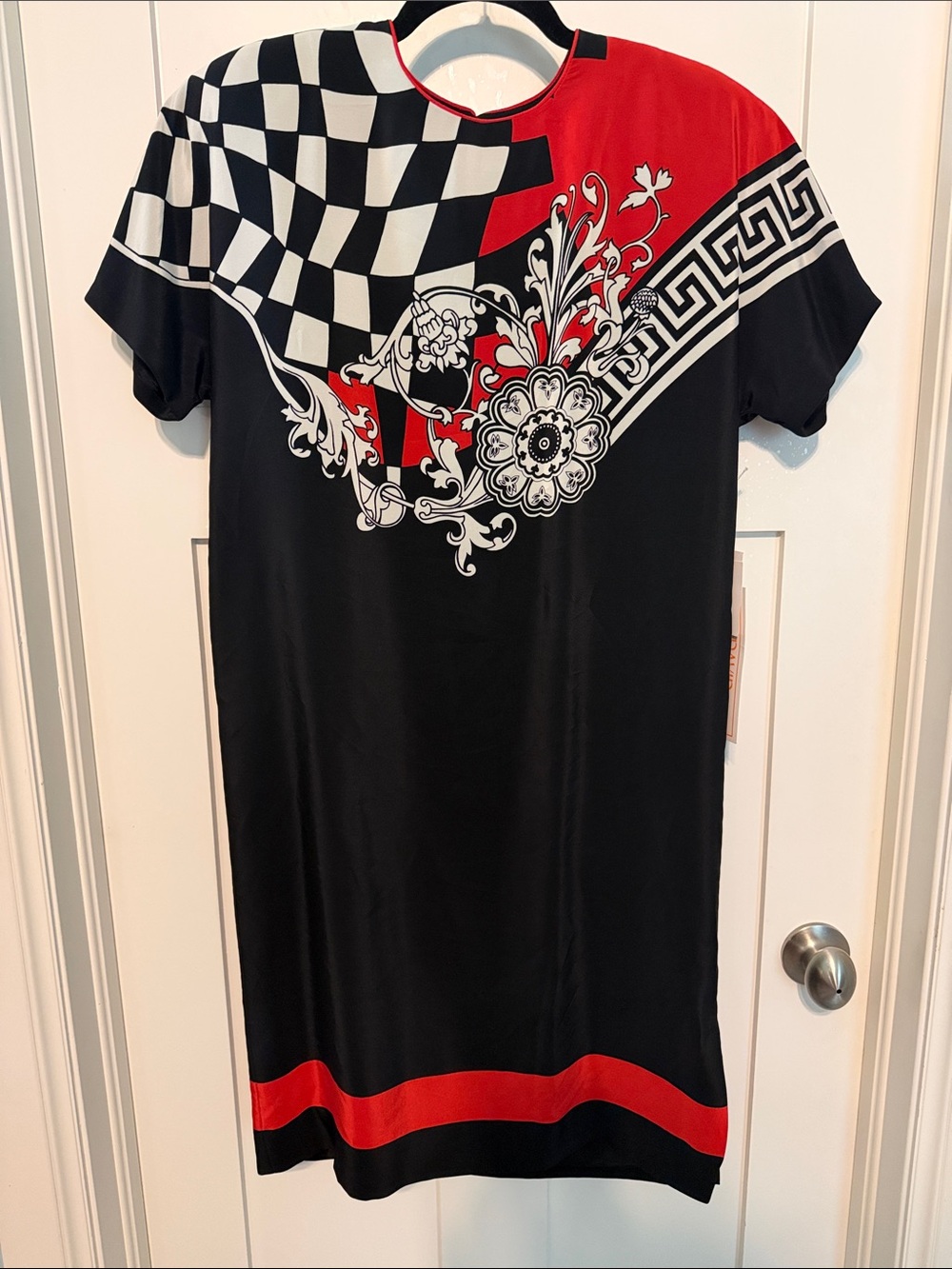 Vintage 80s 90s Deadstock David Warren 100% Silk Black and Red Graphic Dress